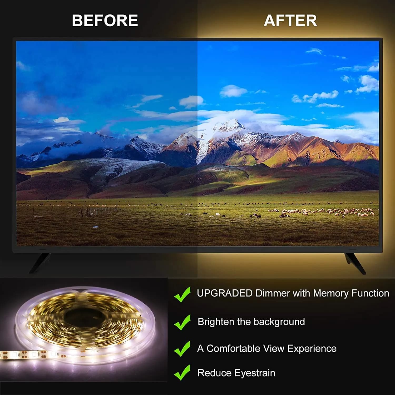 Bande lumineuse LED USB flexible à intensité variable, rétroéclairage TV, chambre, cuisine, lampe d'
