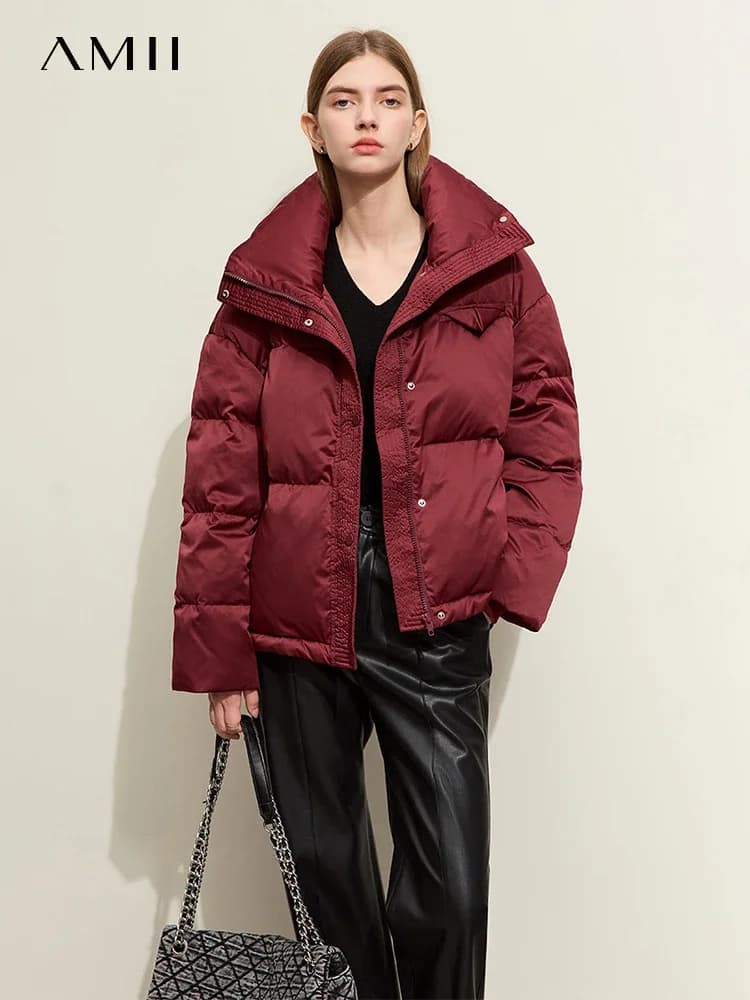 AMII-Doudoune courte en duvet de canard pour femme, manteau à manches tombantes, revers, bouffante, 