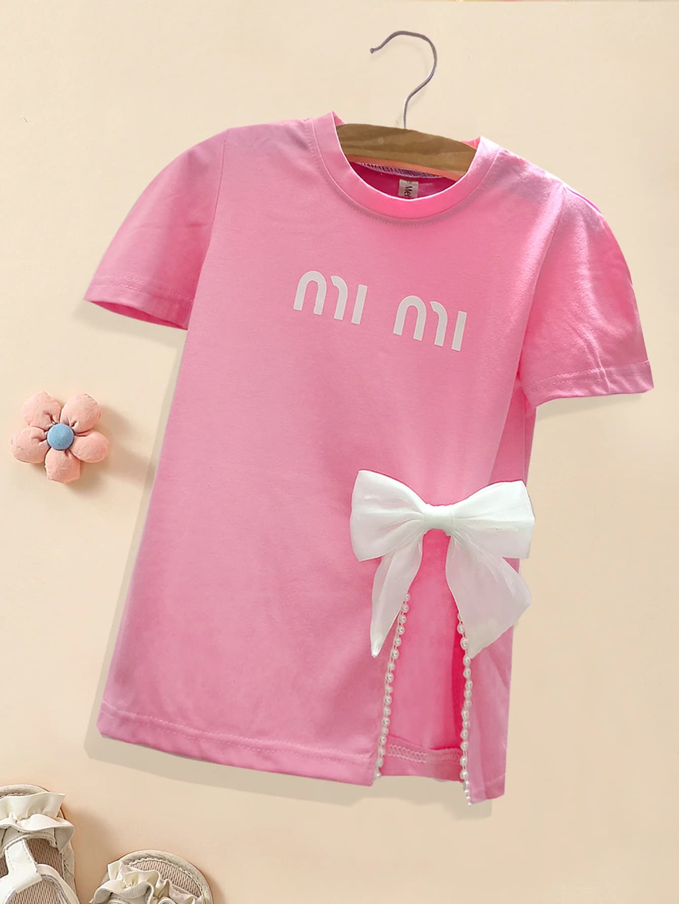 T-shirt d'été pour filles, imprimé lettres, avec nœud, coupe ample, long, pour enfants de 3 à 12 ans