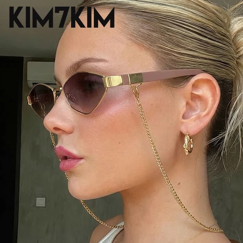 Petit Cadre Hexagonale lunettes de Soleil Femmes Avec Chaîne 2026 De Luxe Marque Vintage Punk Polygo