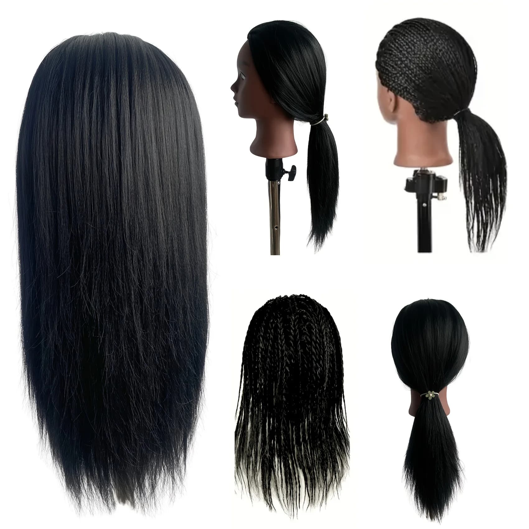 Tête de Mannequin noire de 16 pouces avec cheveux synthétiques pour la pratique du tressage, tête de