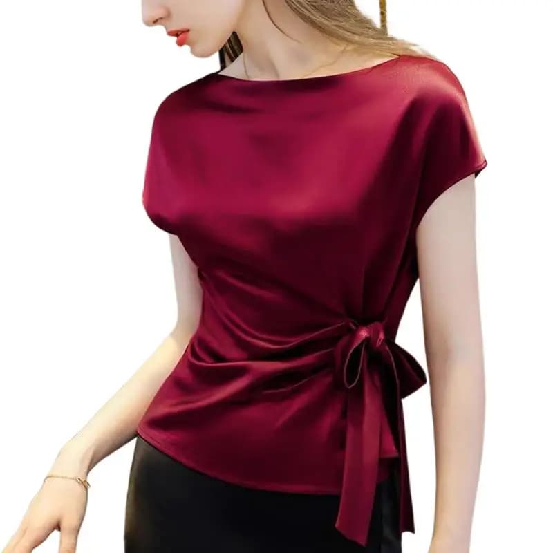 Chemise en mousseline de soie à col bateau pour femme, blouse en satin acétate, vintage, noir, blanc