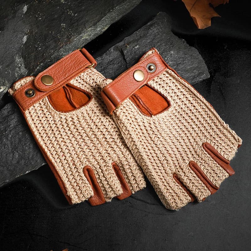 Gants de moto rétro en cuir sans doigts pour hommes, pour la conduite et l'équitation, tricotés et r