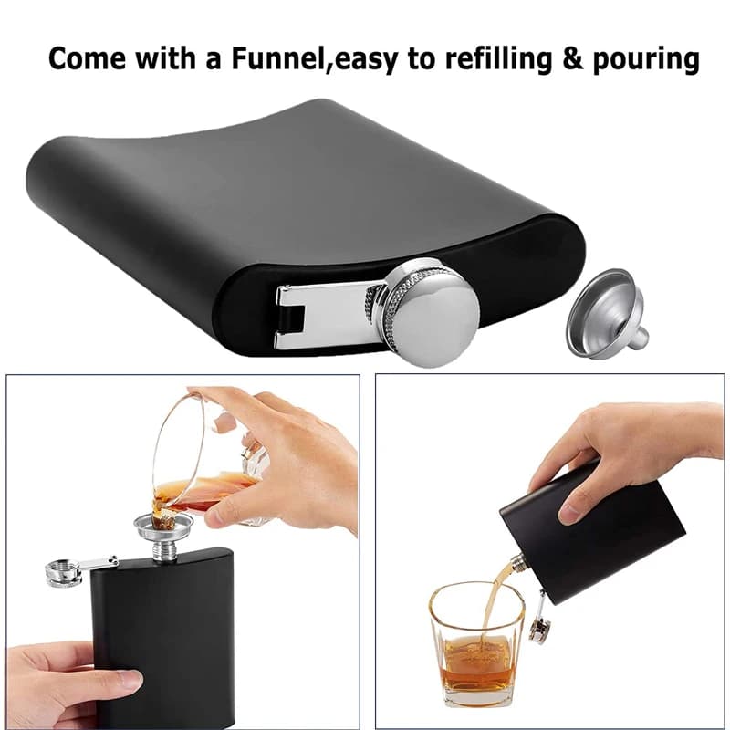 LMETJMA flacon de hanche noir mat pour liqueur en acier inoxydable anti-fuite avec ensemble de flaco