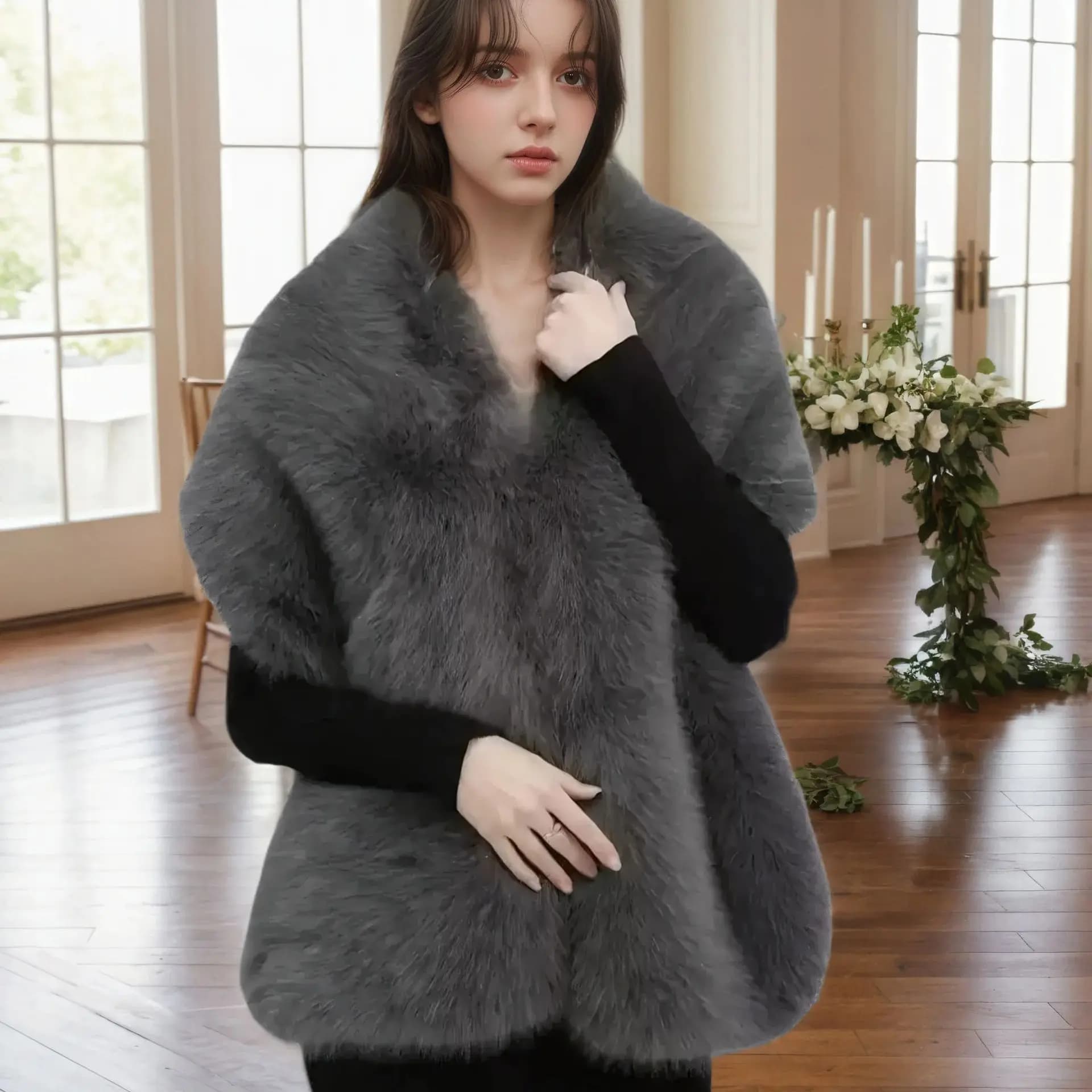 Un châle de mode pour femmes en fausse fourrure de renard en polyester fait à la main pour les maria