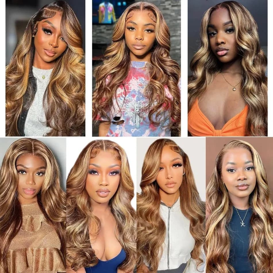 Perruques Ombrées Highlight Body Wave en Cheveux Humains, Perruque Frontale HD Lace 13x4 13x6, Densi