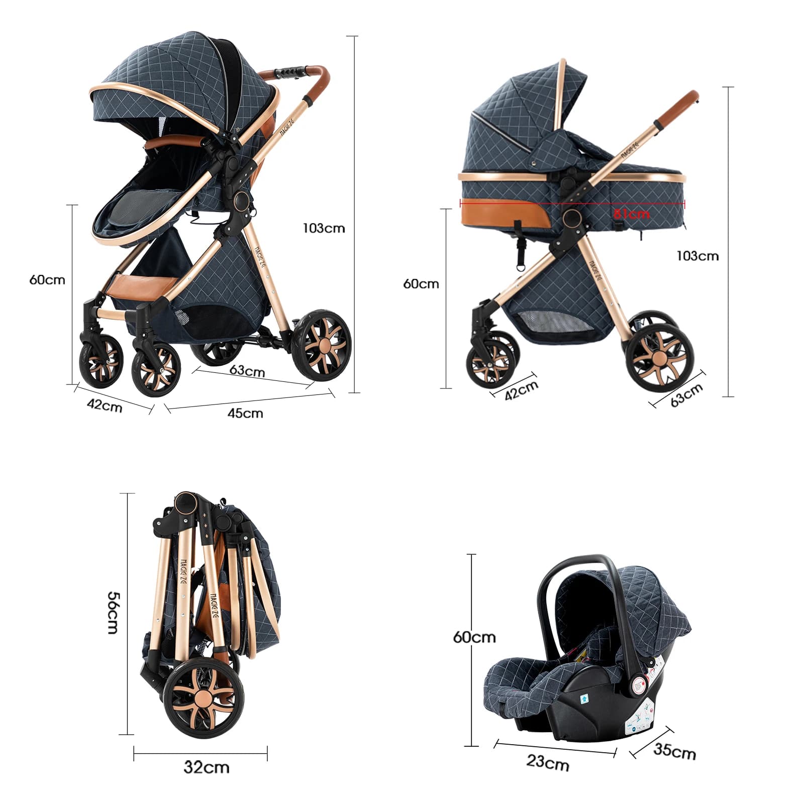 Compact pliable 3 en 1 bébé poussette landau léger poussette nouveau-né poussette système de voyage 