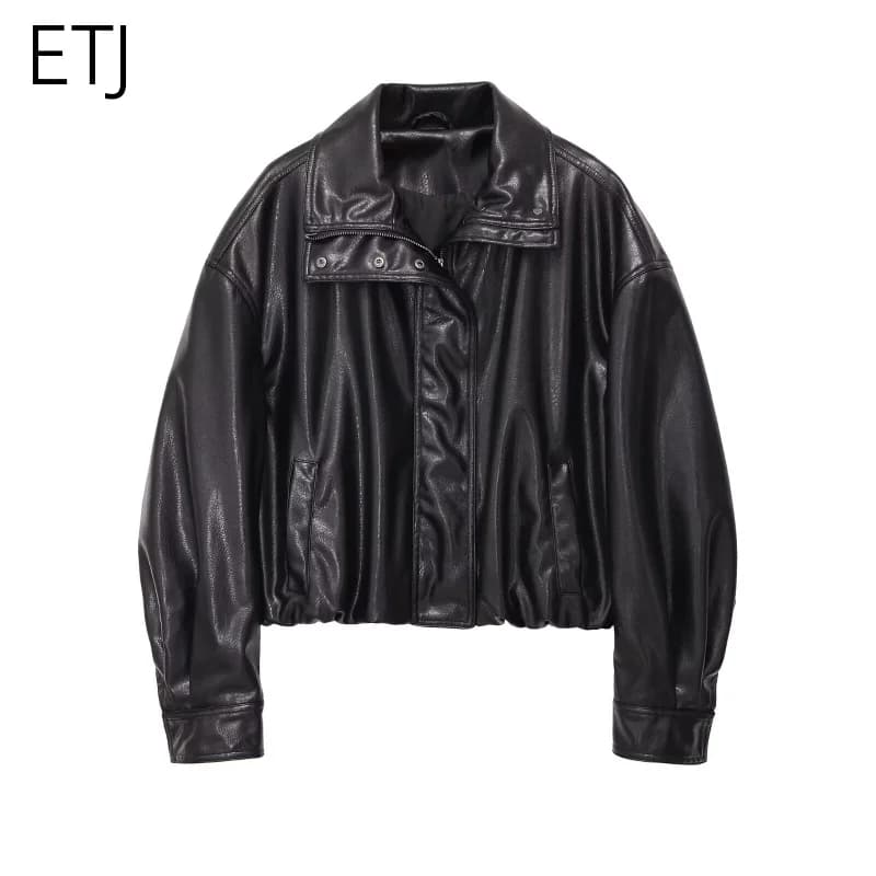Nouvelle collection printemps 2026 ETJ pour femme - Manteau en similicuir moelleux à col montant et 