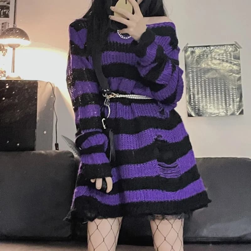 Karrram – pull Lolita gothique à rayures violettes, Style Punk, Harajuku japonais, ajouré, tricoté, 