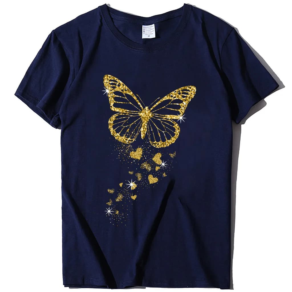 Papillon doré imprimé femmes t-shirt à manches courtes col rond femmes t-shirt dames t-shirt hauts v