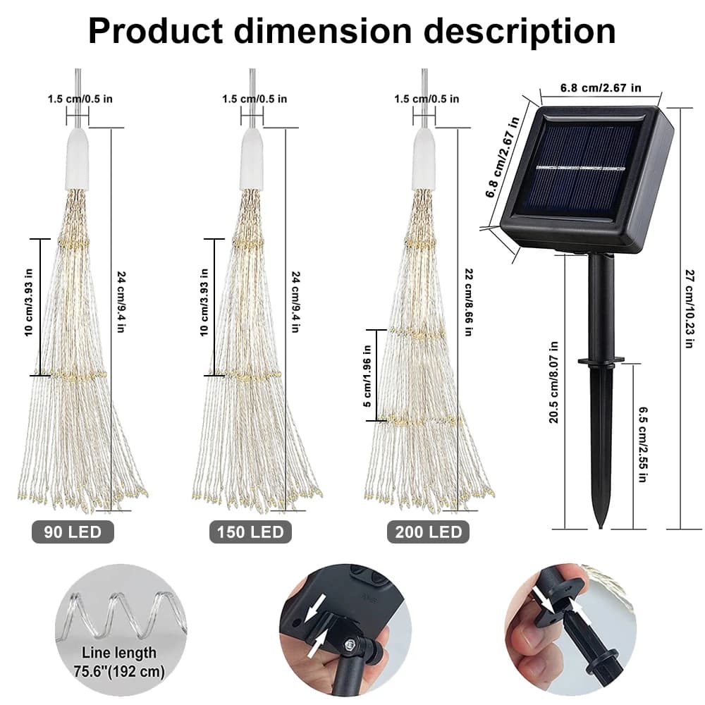 Feux d'artifice solaires d'extérieur, 90/150/200 LED, 8 Modes, guirlande lumineuse suspendue en fil 