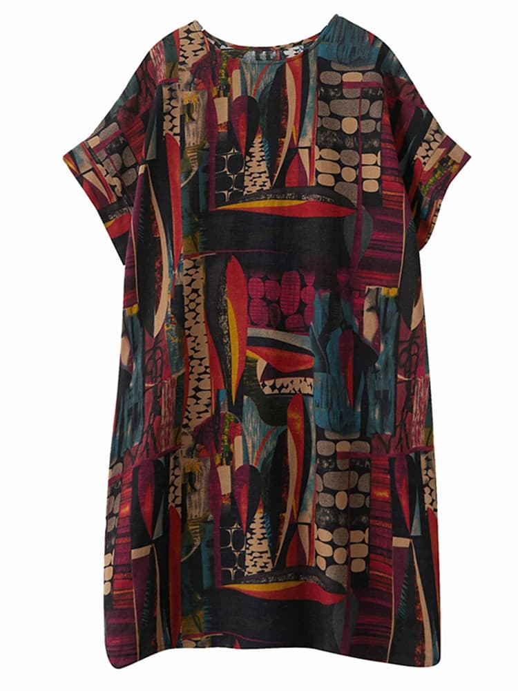 Robes midi d'été décontractées et amples pour femmes, en coton et lin, à manches courtes, imprimé vi