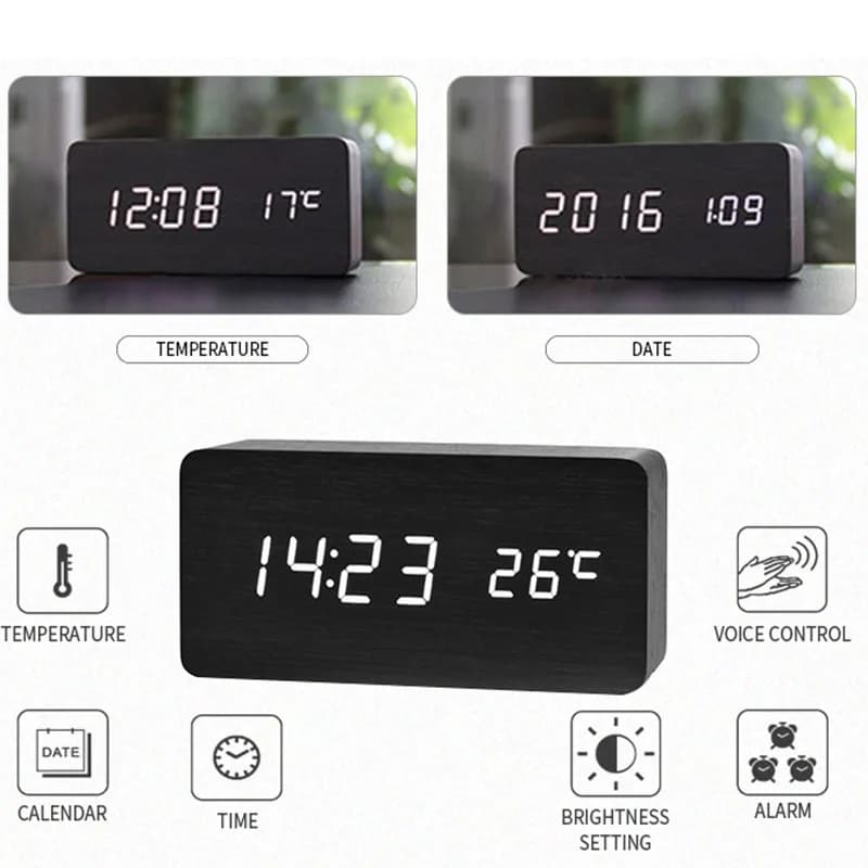 Réveil numérique en bois, réveil LED avec température, horloges de bureau pour bureau, horloge de ch