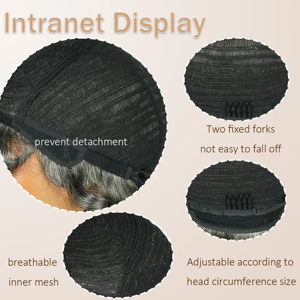 Perruques en cheveux humains coupés pixie, sel et poivre, pour femmes, cheveux gris, noir mélangé av