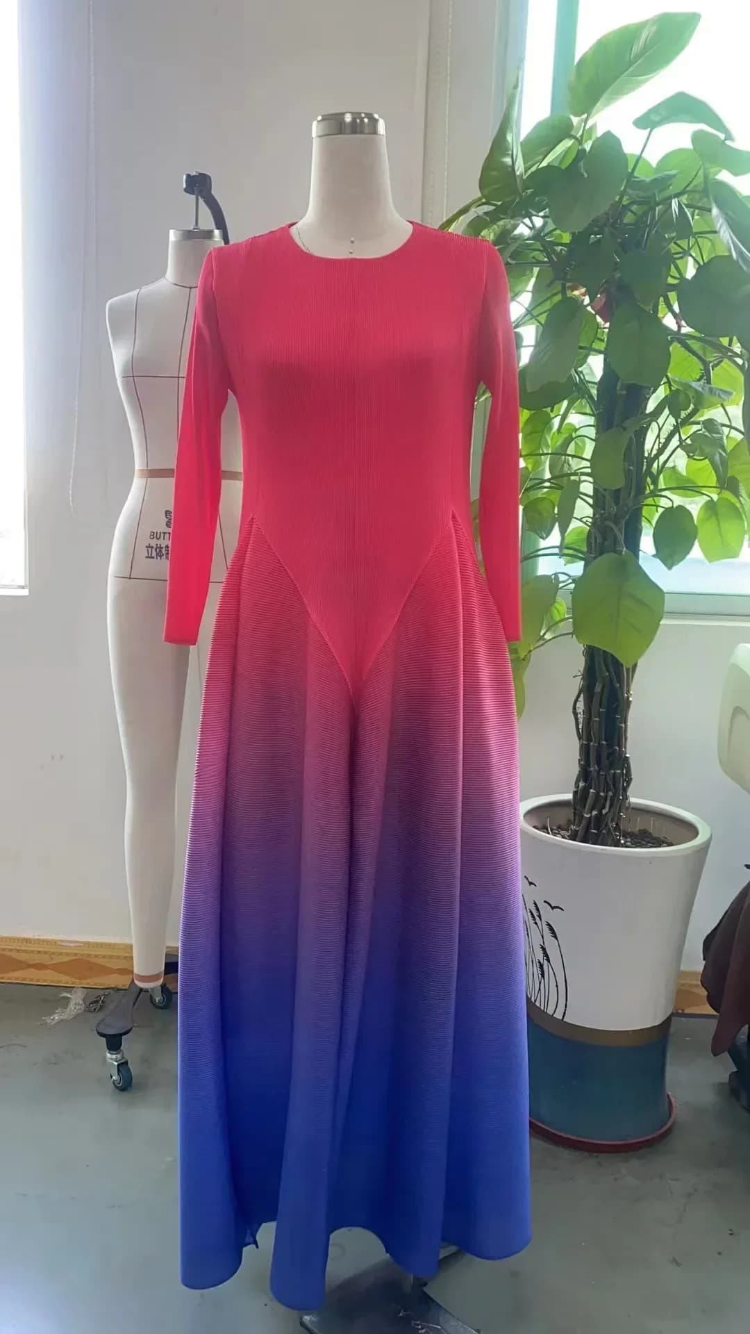 Robe Plissée à Manches sulfpour Femme, Vêtement de Soirée, Dégradé, à Col Ras du Cou, à la Mode, Nou
