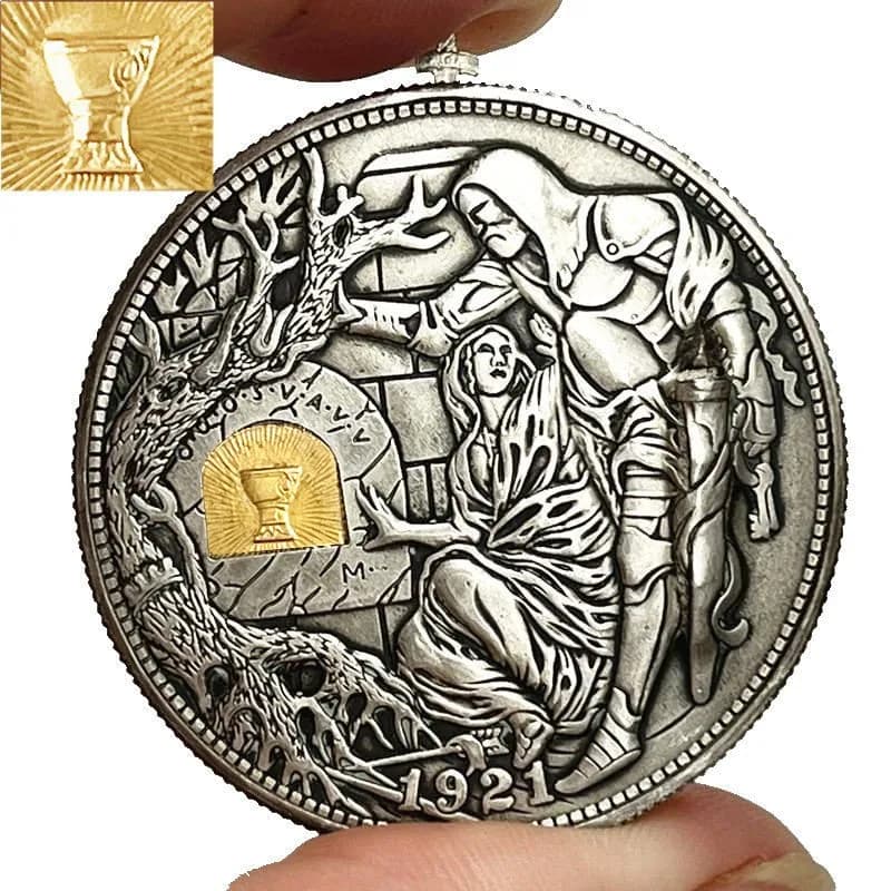 Mécanisme mobile, pièce de monnaie du Sainte Graal, Hobo en Nickel Morgan Dollar, booze romain, épée