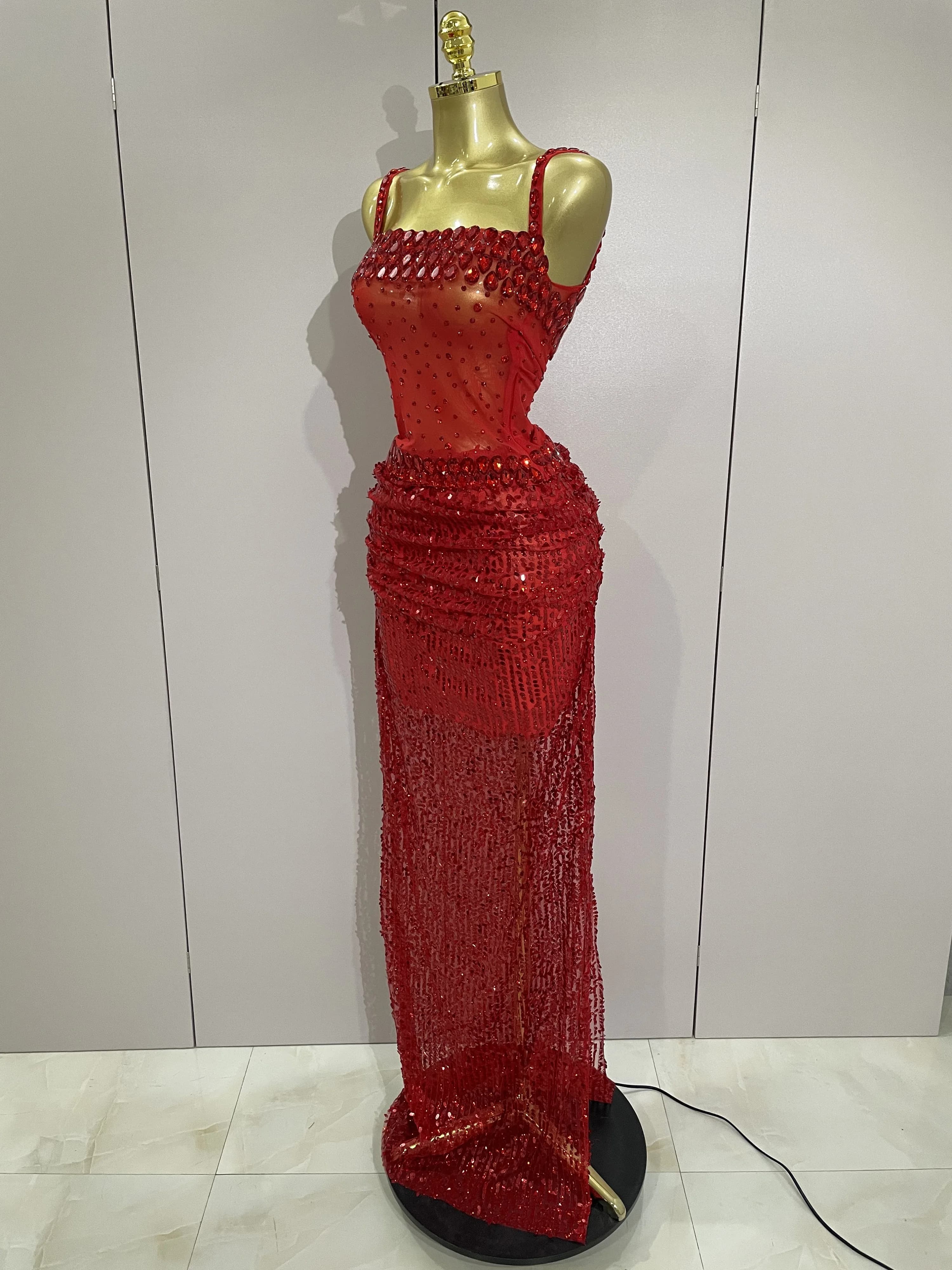 Robe longue 2 pièces transparente et sexy avec strass rouges scintillants et paillettes, pour femmes