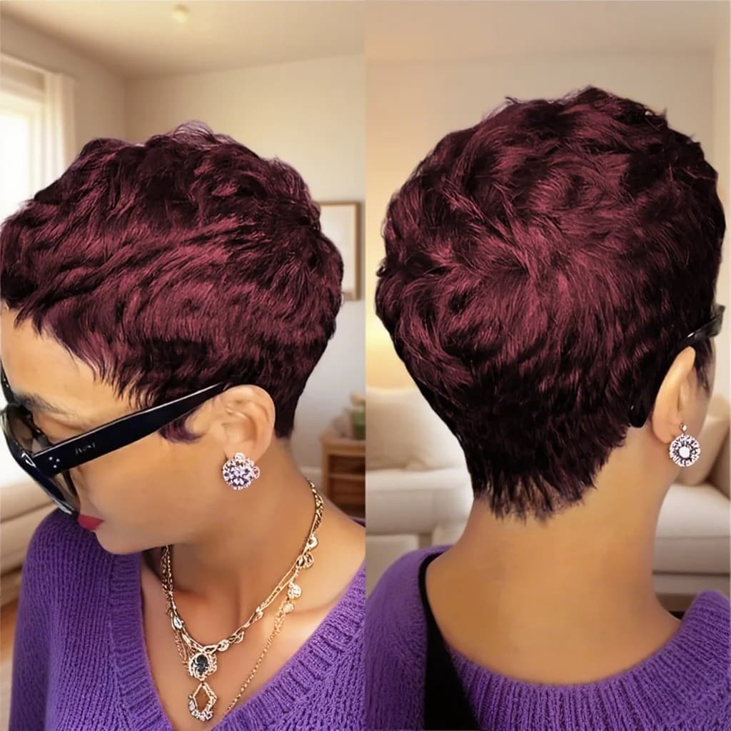 Perruque courte coupe lutin avec frange cheveux humains 180 densité pour les femmes perruque faite à