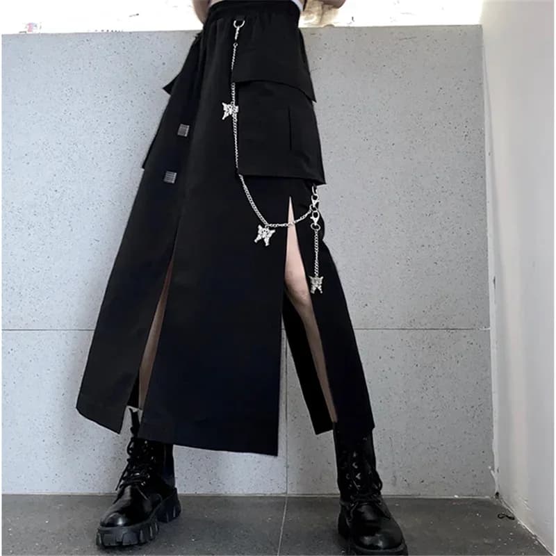 Jupe longue noire de Style coréen pour femmes, avec chaîne, fente latérale, Hip Hop, Streetwear, gra