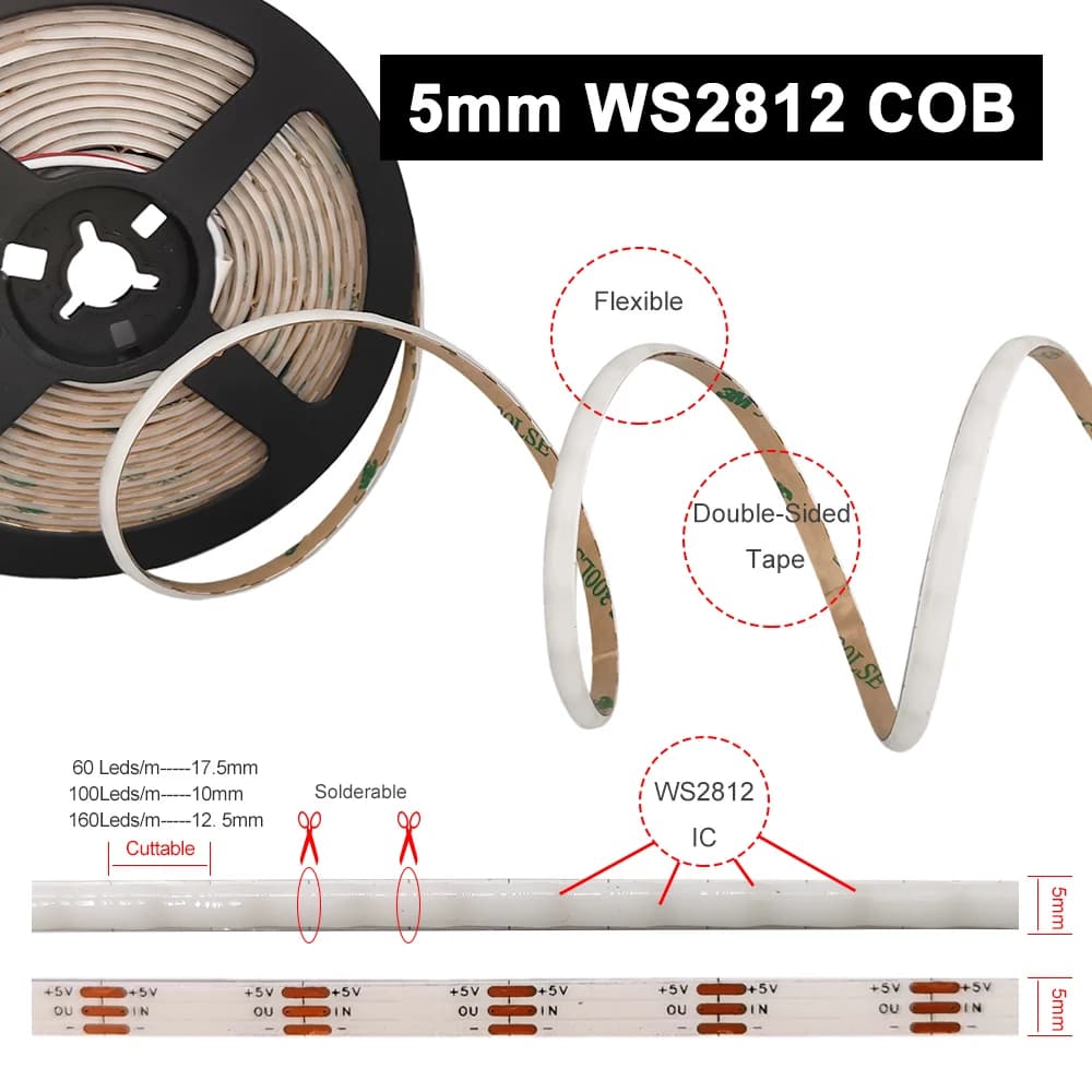Bande lumineuse LED COB RGBIC 5V WS2812B, 5mm, adressable individuellement, Flexible, 60 100 160 dio