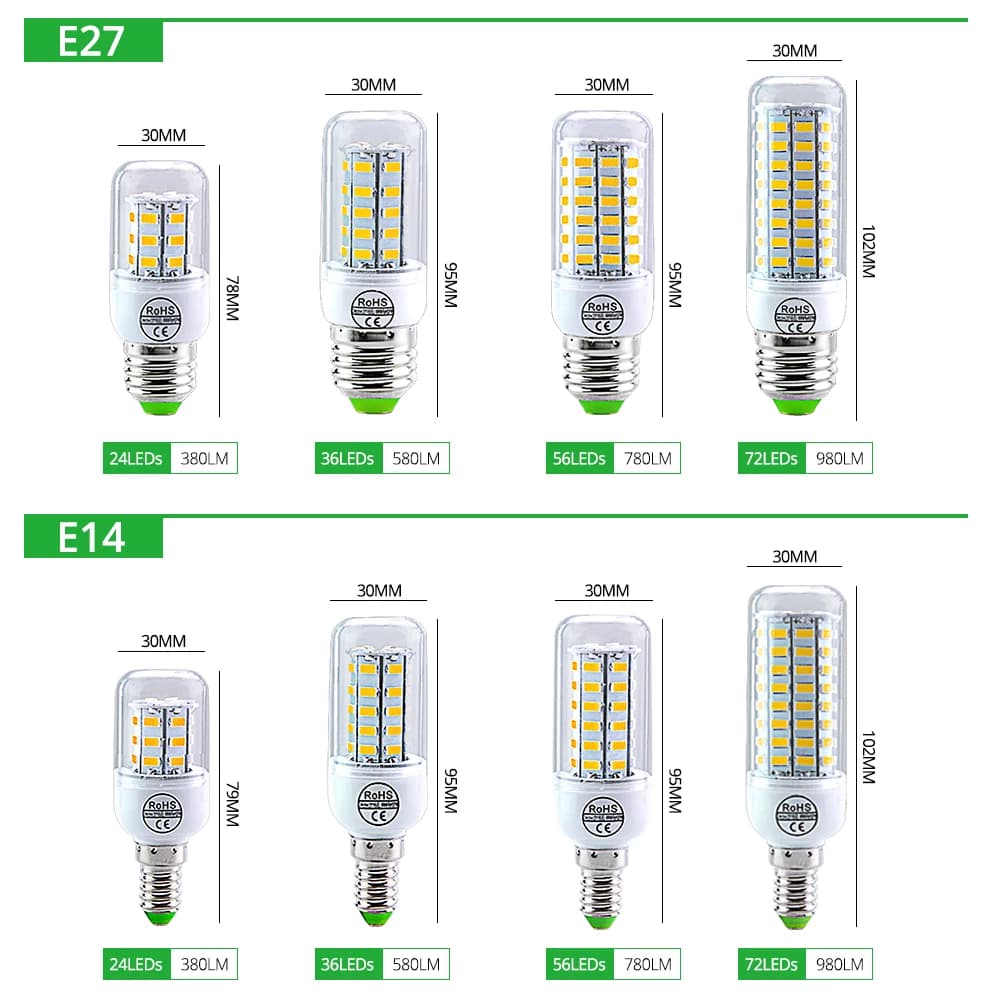 AC 220 V E27 lampe à LED E14 LED SMD 5730 ampoule de maïs 24 36 56 72 LED s lampara lustre pour la m