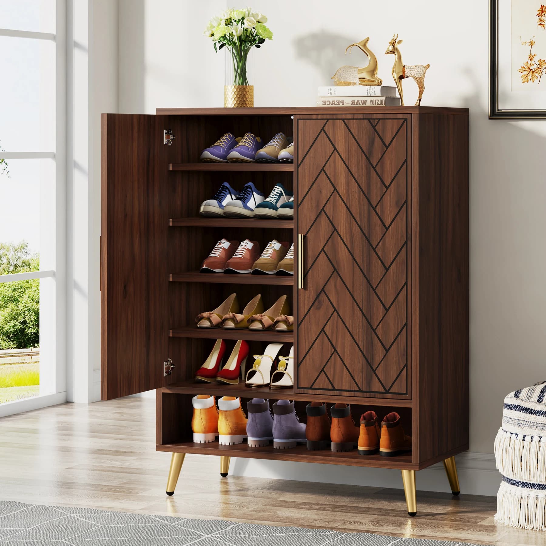 Tribesigns-Meuble à chaussures à 6 niveaux avec portes, armoire de rangement pour chaussures en bois