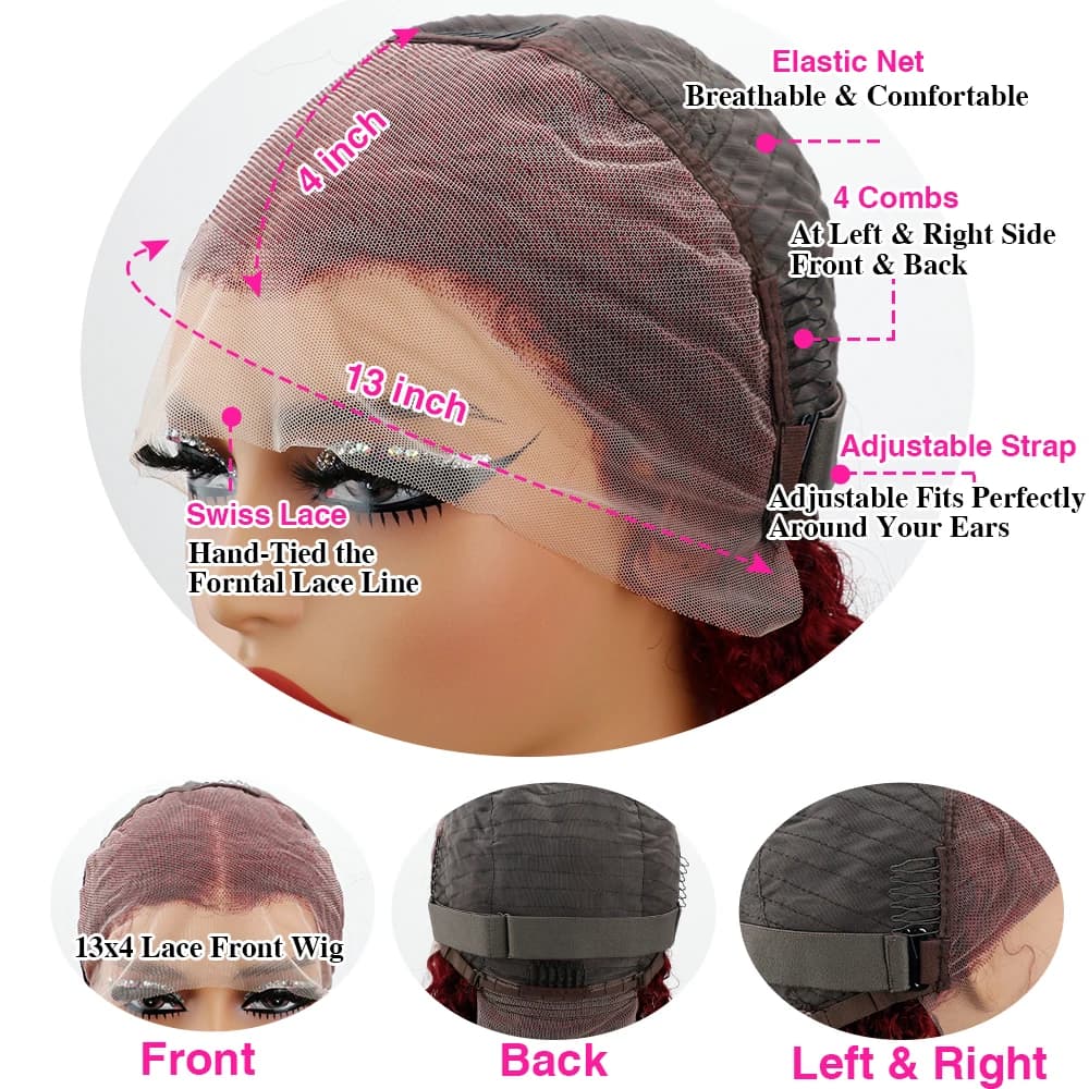 Perruque Deep Wave Lace Front Wig Naturelle, Cheveux Bouclés, Couleur Rouge Bordeaux 99J, Pré-épilés