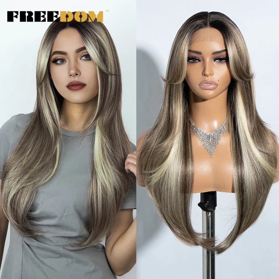 FREEDOM – perruque Lace Front Wig synthétique lisse avec frange, 26 pouces, perruque de Cosplay ombr