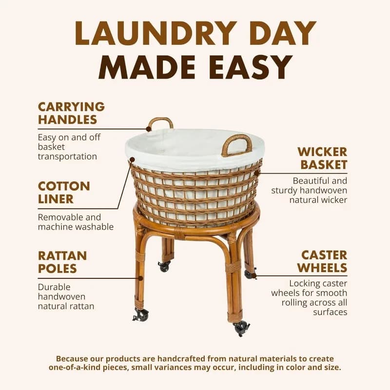 Mir à linge roulant WUNICEF, panier tissé à la main avec doublure en coton parfait, support et roule