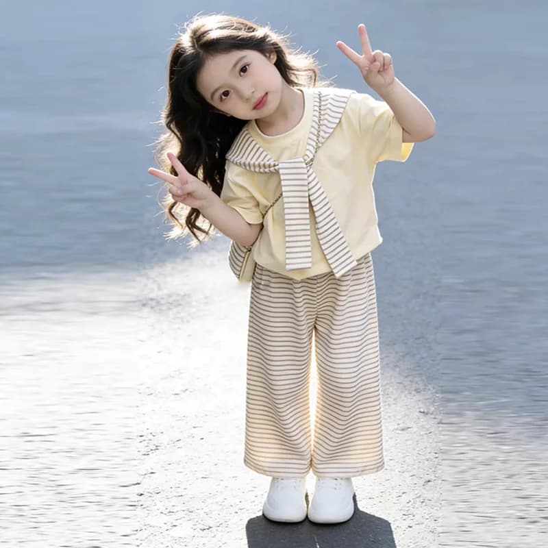 Ensembles d'été pour filles, costume à manches courtes pour enfants, T-shirt à rayures + pantalon à 