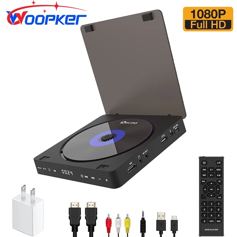 Lecteur DVD Woopker, lecteur HD, connexion HDMI AV avec entrée USB, sortie casque, écran tactile LED