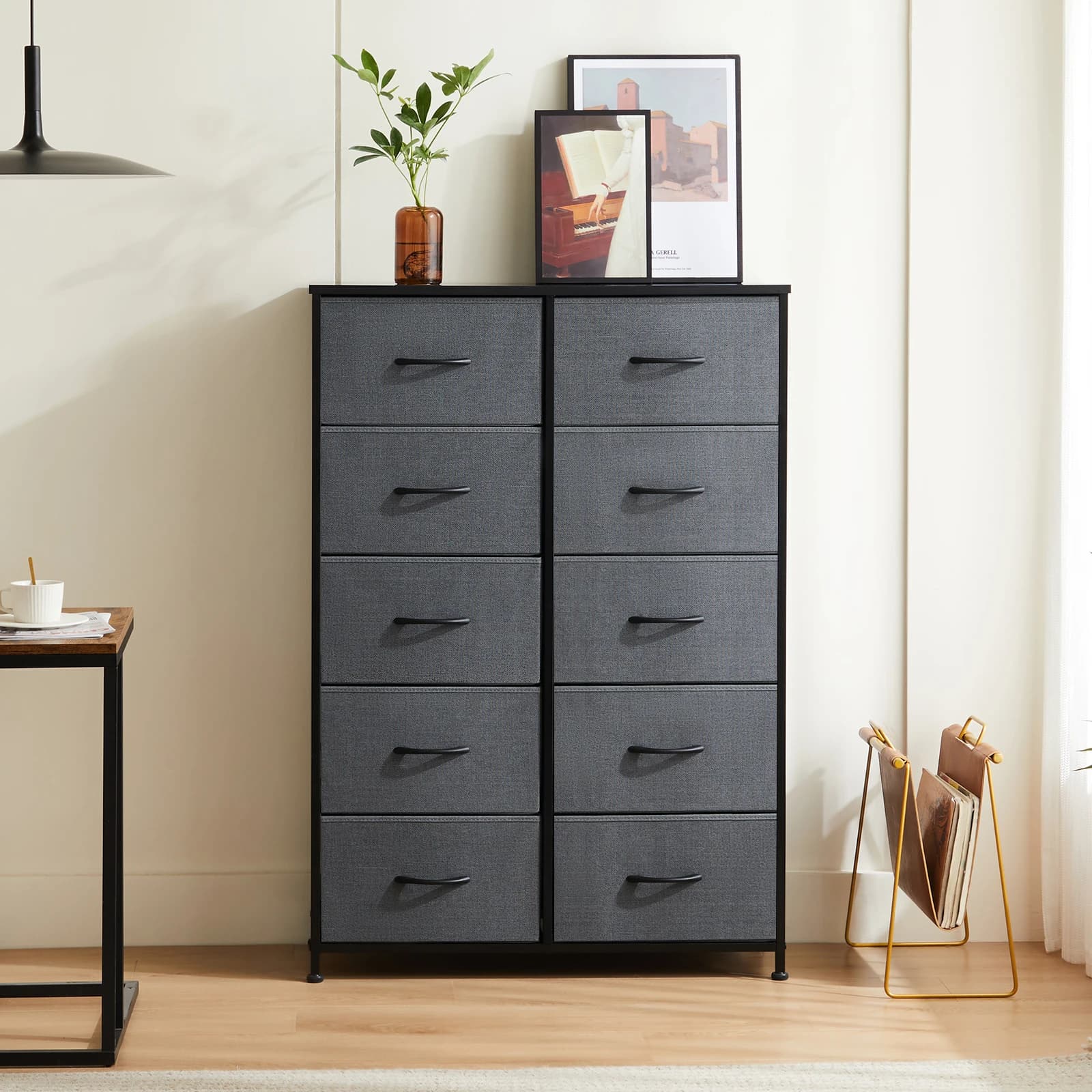 JHK Table de chevet pour chambre à coucher avec 10 tiroirs en tissu, armoire de rangement avec cadre