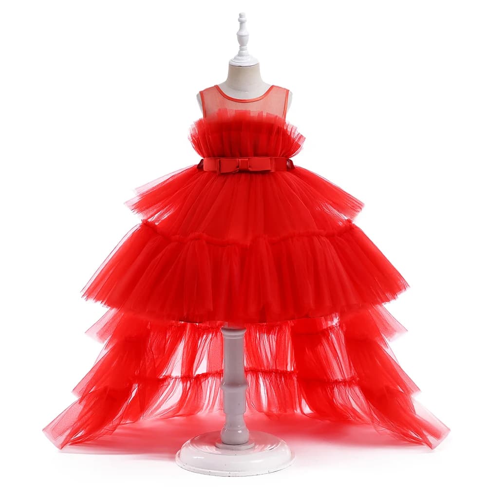 Robe à fleurs bouffante rouge en Tulle pour filles, robes de fête de première Communion pour enfants
