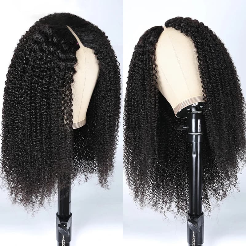 Kinky Curly V Part Perruque de cheveux humains pour femme, sans laisser de côté, partie fine, perruq
