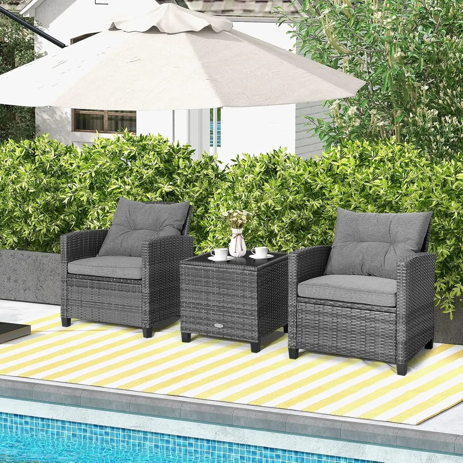 Ensemble de meubles de patio 3 pièces, ensemble de chaises de conversation en rotin PE d'extérieur a