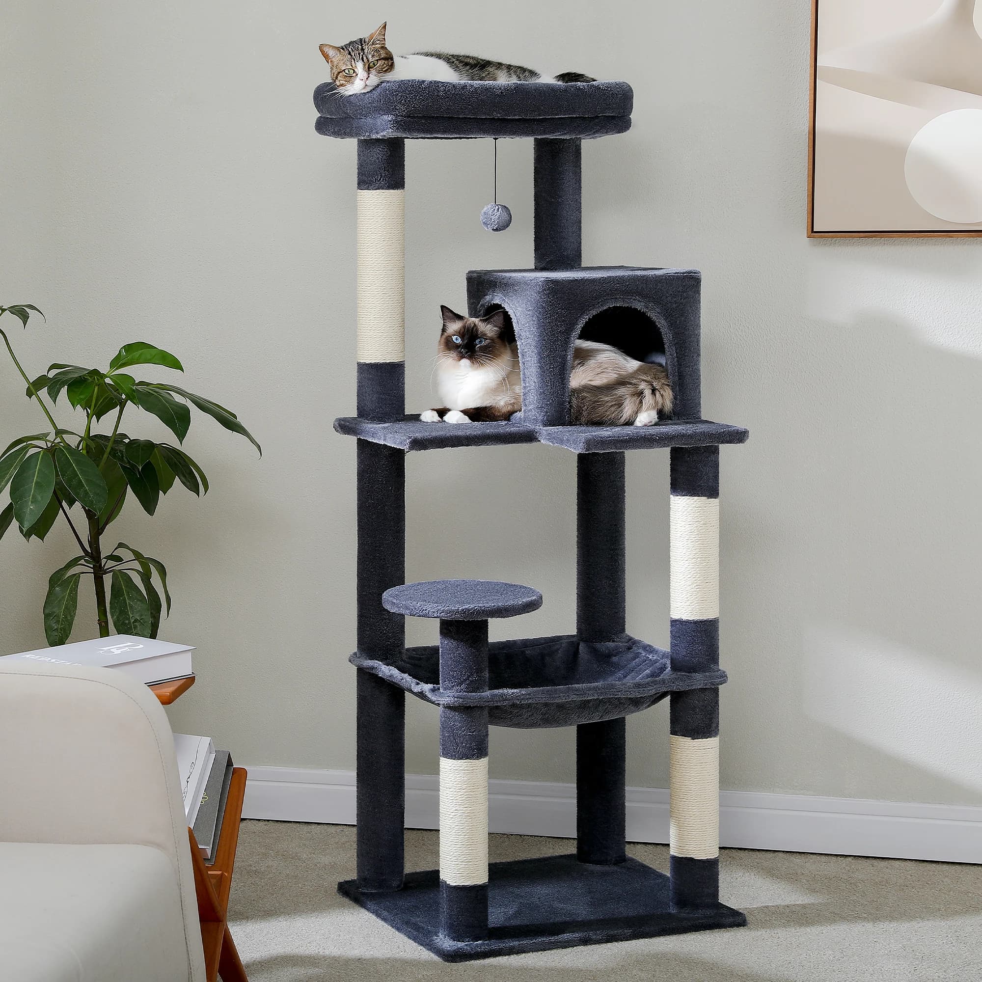 Arbre à chat pour chats d'intérieur, tour à chat à 5 niveaux pour grands chats avec grand hamac, pot