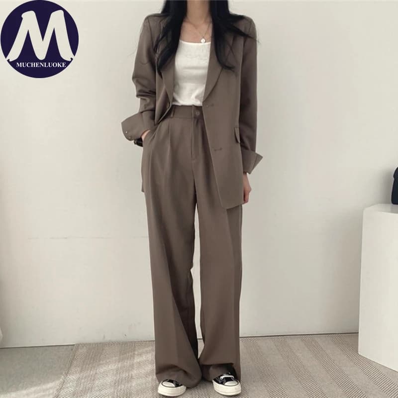 Ensemble deux pièces pour femmes, mode coréenne, blazer à manches longues et pantalon large, décontr