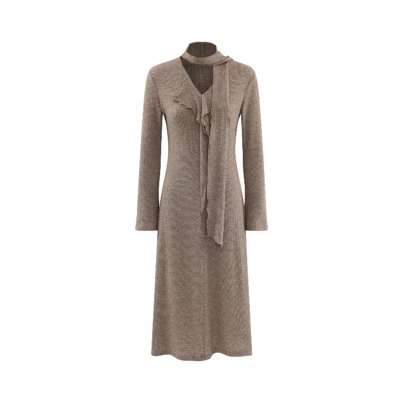 Robe française élégante en tricot, col en v, manches longues, élastique, Maxi, Design asymétrique, r