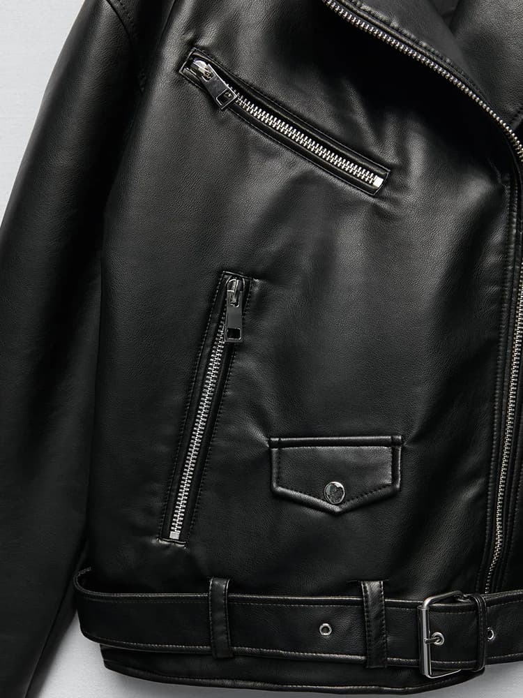 Ailegogo femmes ample moto motard noir Pu Faux cuir veste avec ceinture printemps automne femme mant