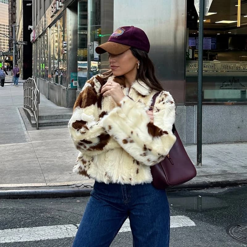 Neo Mint Chic Street Girls vache imprimé manteau de fourrure femmes 2025 hiver nouvelle marque de mo