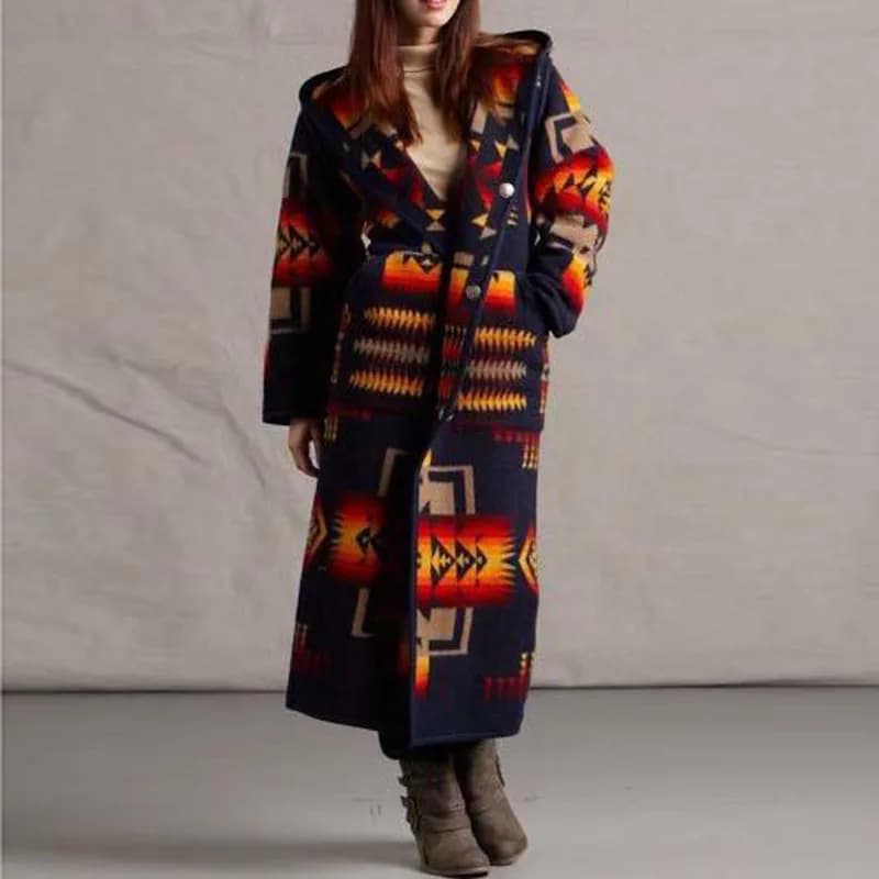 Femmes Mode Ethnique Style Boho Imprimé À Capuche Long Manteau adt Outwear Match Couleurs Plus La Ta
