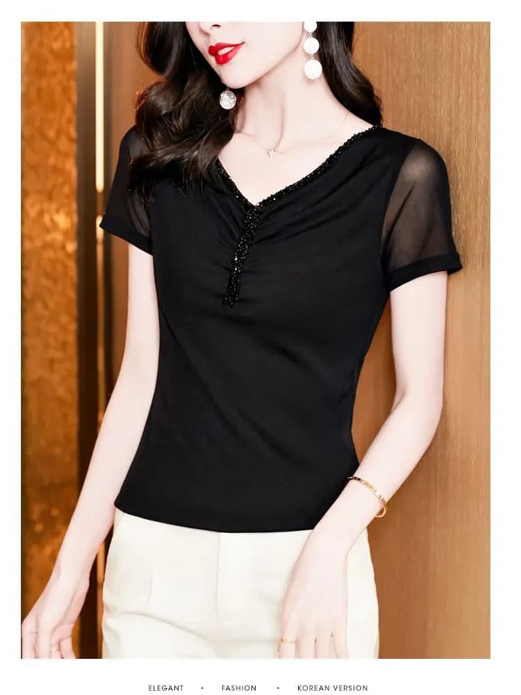 T-shirt manches courtes col en v pour femme, haut à la mode, gaine très extensible, maille