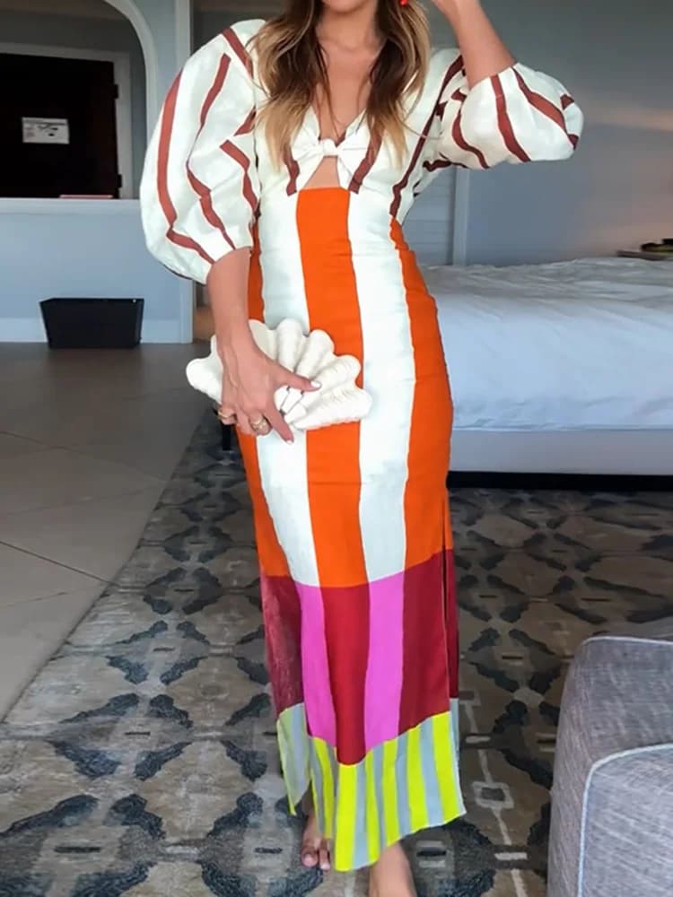 Robe de vacances ajourée pour femmes, Patchwork, col en V, demi-manches, Chic, Maxi, décontractée, S