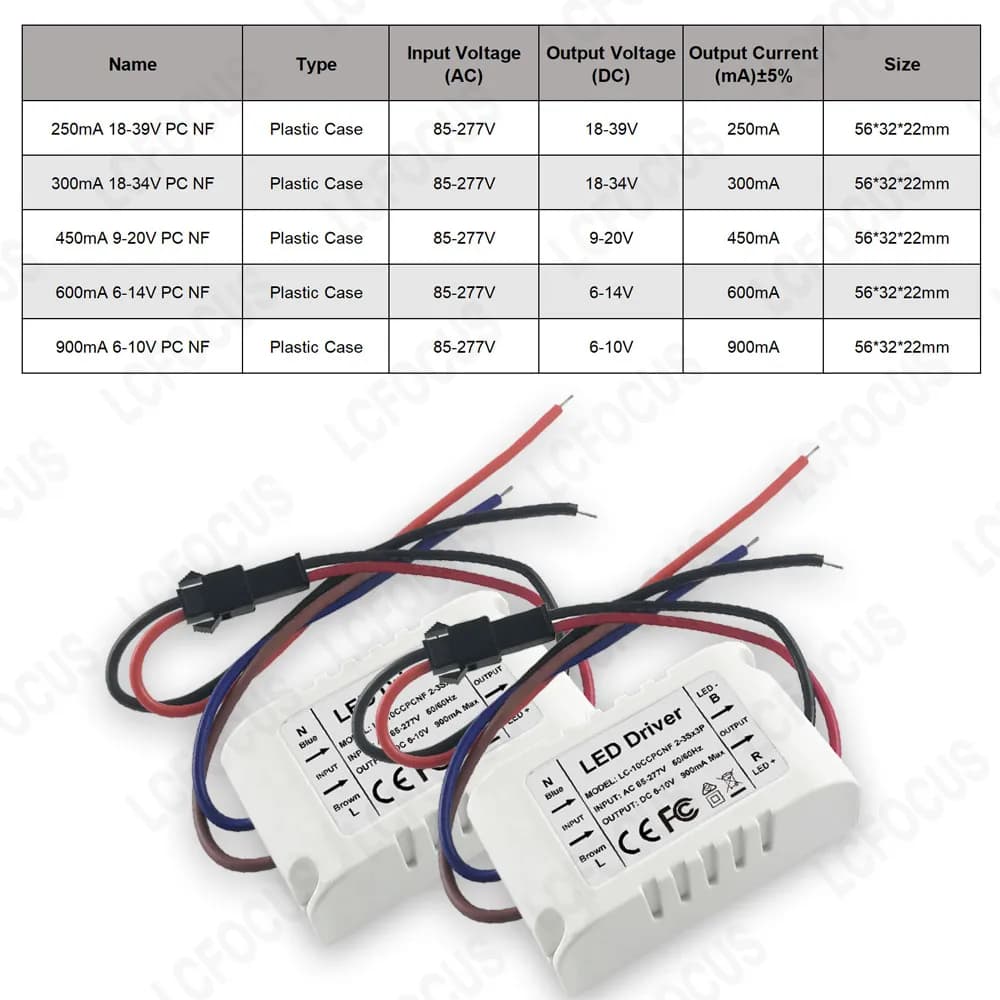 Courant constant 250mA 300mA 450mA 600mA 900mA Pilote LED Boîtier ignifuge en plastique Alimentation