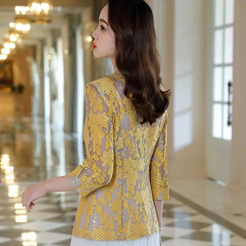 Blazer en dentelle mince pour femme, petite veste trempée, blazer évidé mince pour femme, bouton uni