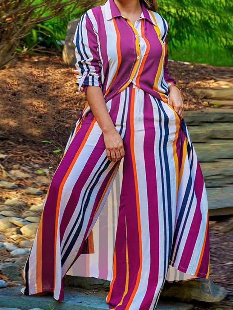 Ensemble chemise longue et pantalon pour femme, tenue décontractée rayée, ensembles assortis, vêteme