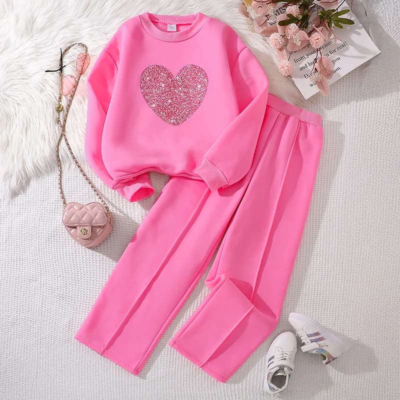 Ensemble de vêtements chauds pour enfants, couleur unie, imprimé cœur, haut et pantalon, sport décon