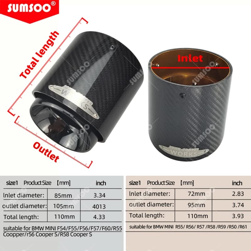 Véritable SUMSOO 1 pièces noir Chrome et fibre de carbone embout de silencieux adapté pour Mini Coop