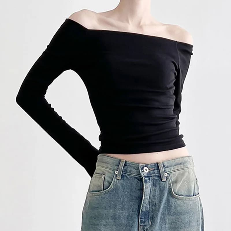 T-shirt court à manches longues pour femmes, noir, monochromatique, col slash, élégant, mode coréenn
