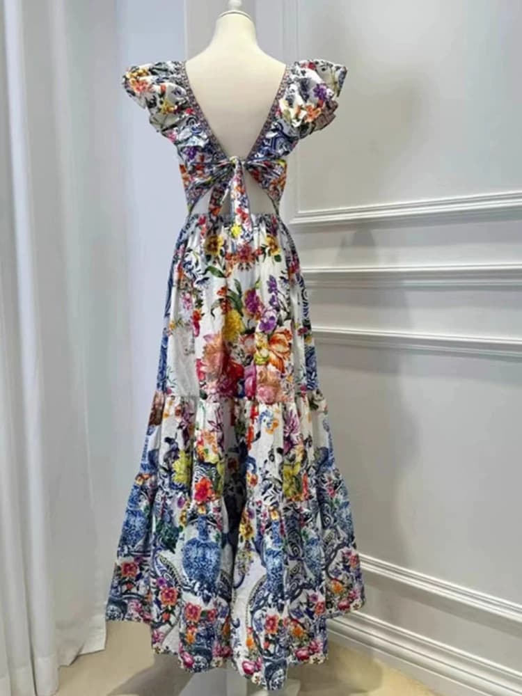 Robe rétro sexy à col en V profond pour femmes, manches Feifei imprimées, jupe haute, nouvelle robe 